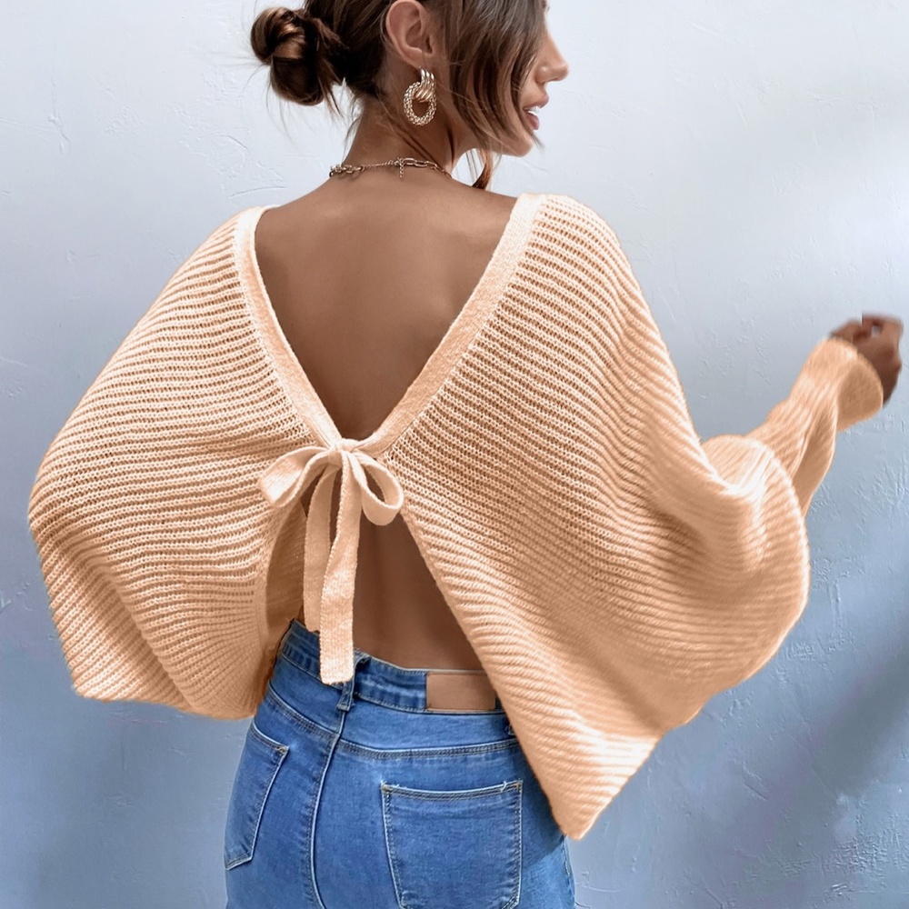 Cozy Green Open Back Knit Sweater Top Minimalist - Picture 11 of 13